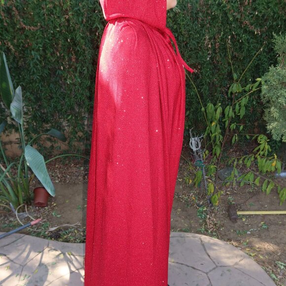 new women adult Halloween costume cape medieval red hooded glitter shimmer - Picture 5 of 5